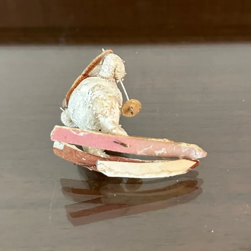 Vintage Putz Mache Snowman Skier Figurine Miniature Christmas Ornament 2.5
